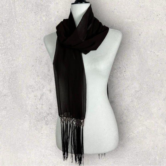 Brown Beaded Fringe Sheer Rectangular Scarf Bohemian Tassel 20" x 36" Wrap Skirt - Picture 2 of 15